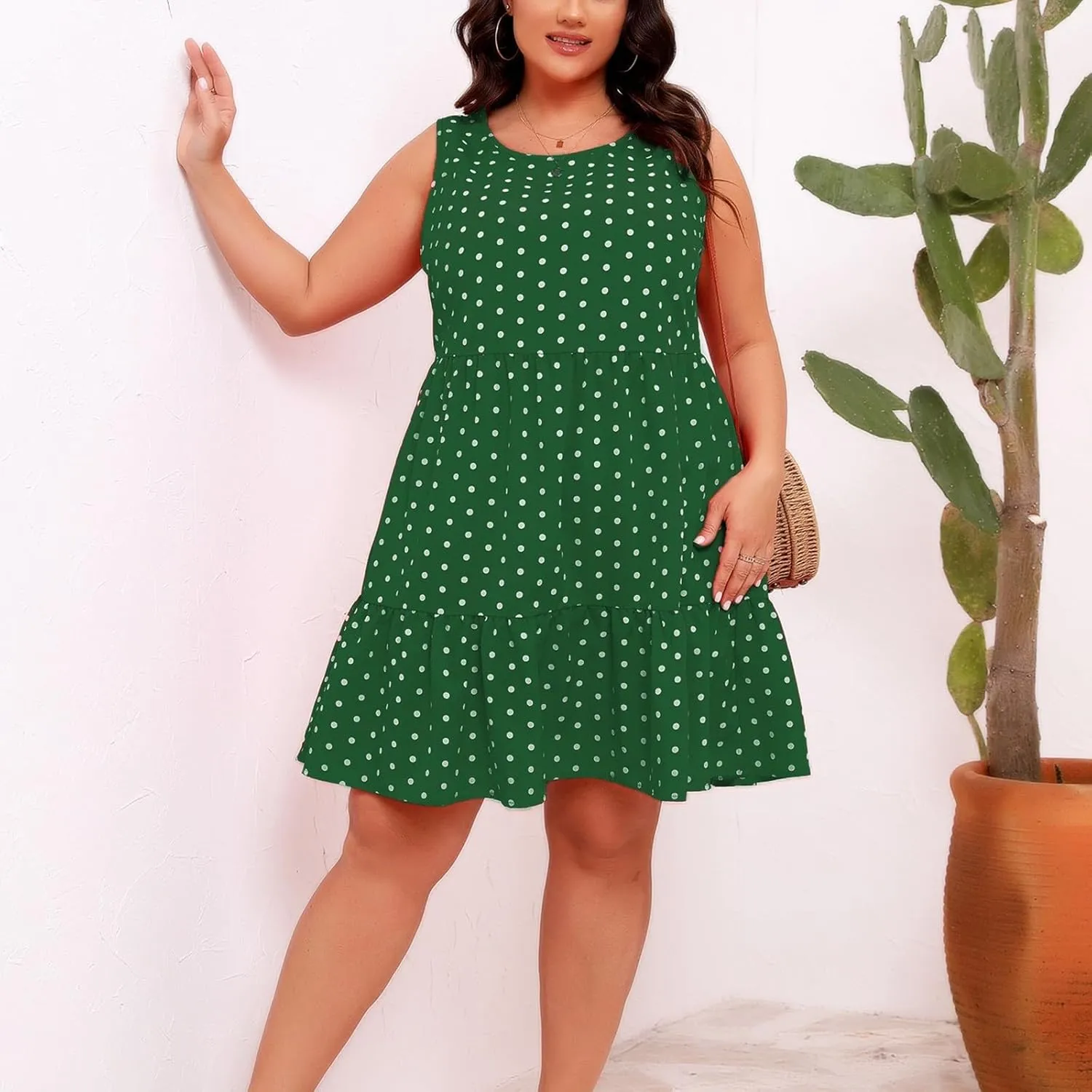 LEMONONSTORE Sundress for Women Summer Plus Size Sleeveless Polka Dot Tank Mini Dress Casual Summer Ruffle A Line Dresses