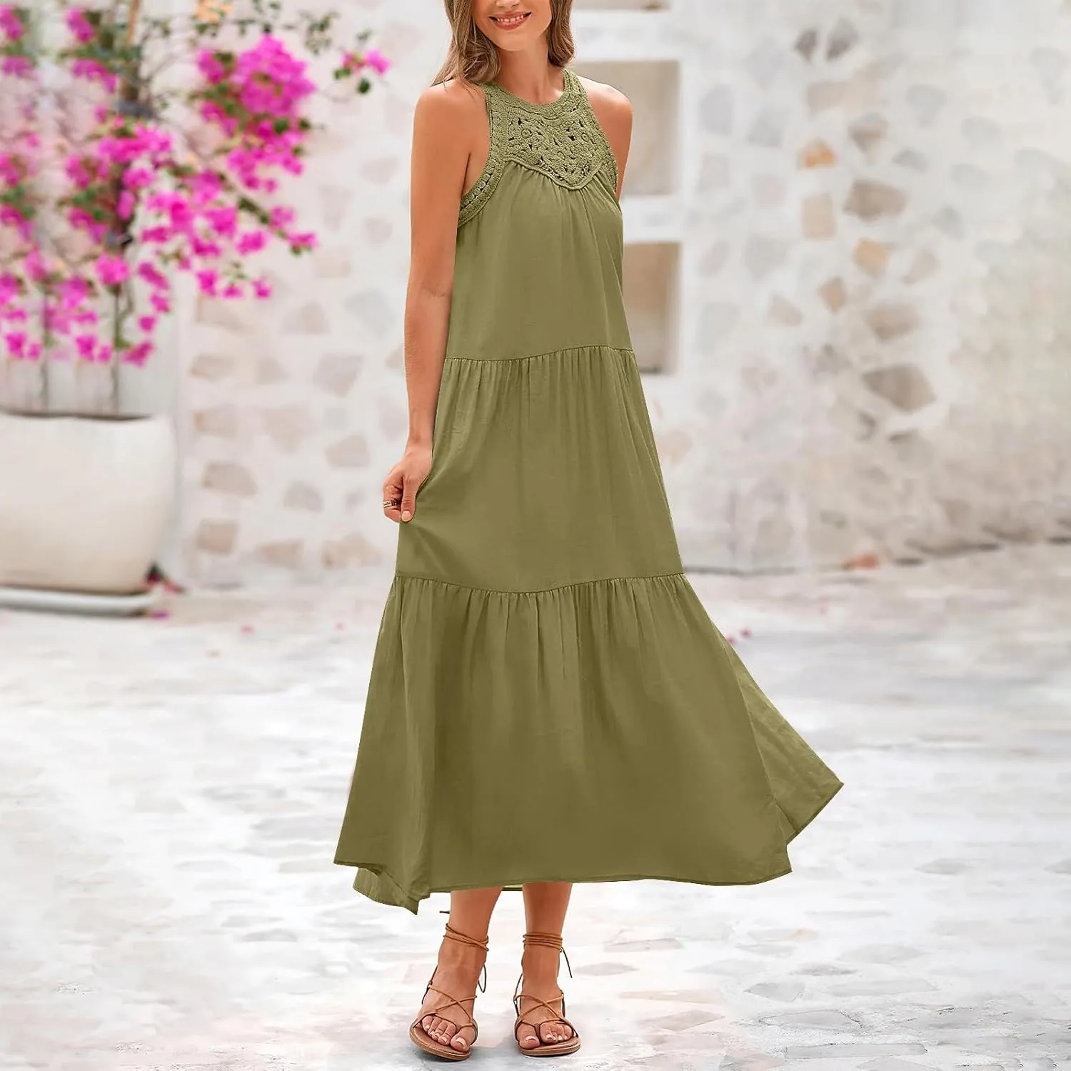 Linen Dress Women Summer Sleeveless Long Maxi Dresses Floral Lace Crochet Cute Sundresses Flowy Boho Beach Outfits