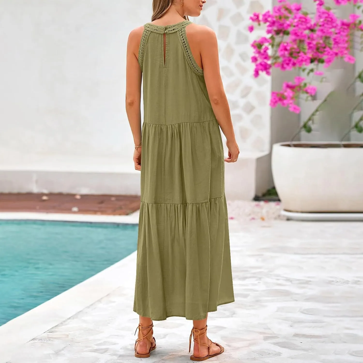 Linen Dress Women Summer Sleeveless Long Maxi Dresses Floral Lace Crochet Cute Sundresses Flowy Boho Beach Outfits