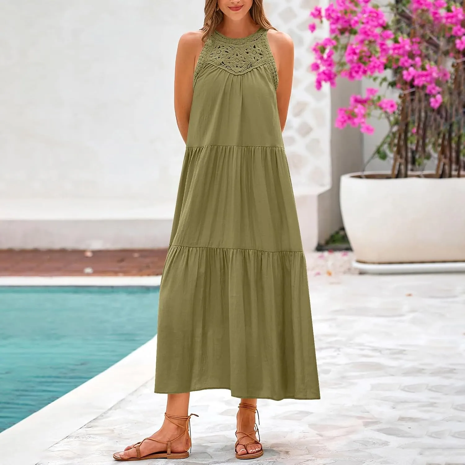 Linen Dress Women Summer Sleeveless Long Maxi Dresses Floral Lace Crochet Cute Sundresses Flowy Boho Beach Outfits