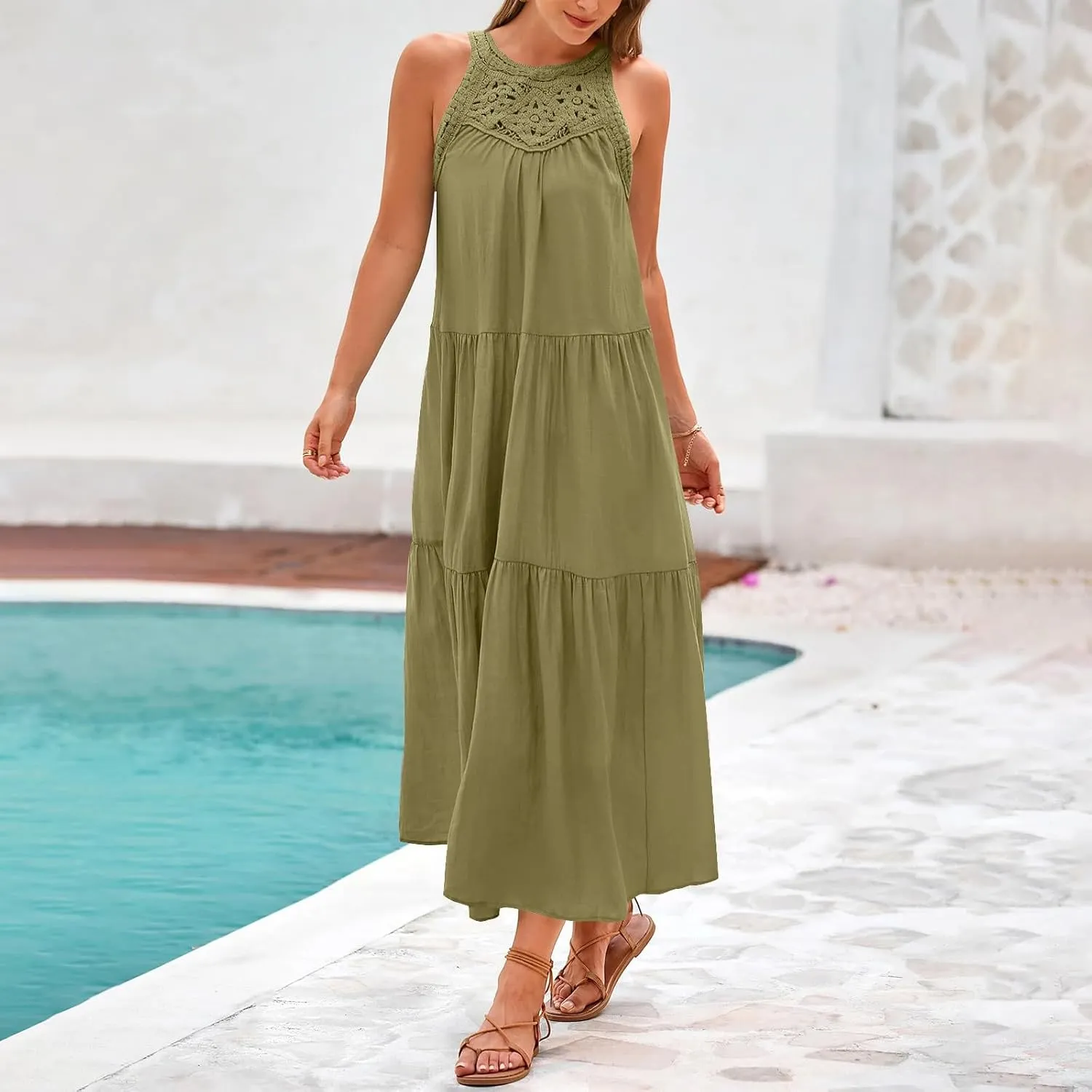 Linen Dress Women Summer Sleeveless Long Maxi Dresses Floral Lace Crochet Cute Sundresses Flowy Boho Beach Outfits