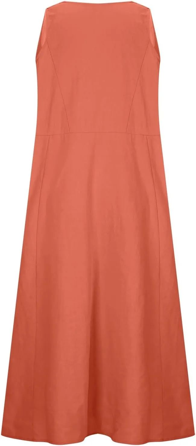 Linen Dress Women Summer Trendy Sleeveless Long Tank Dresses Plus Size Vacation Boho Beach Sundresses with Pockets