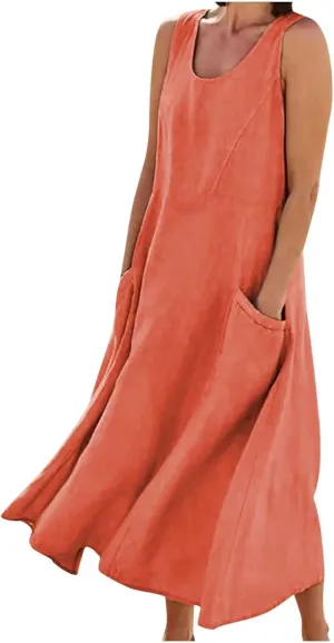 Linen Dress Women Summer Trendy Sleeveless Long Tank Dresses Plus Size Vacation Boho Beach Sundresses with Pockets