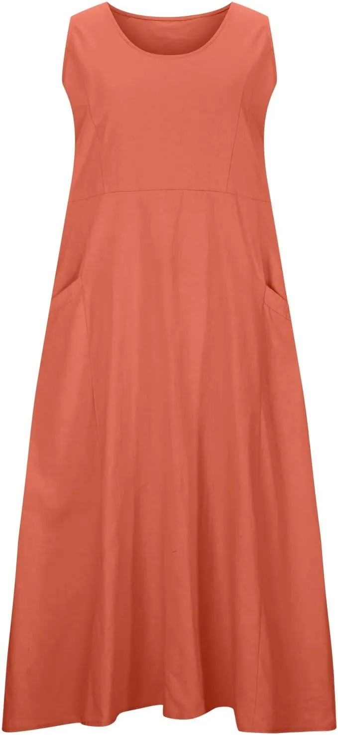 Linen Dress Women Summer Trendy Sleeveless Long Tank Dresses Plus Size Vacation Boho Beach Sundresses with Pockets