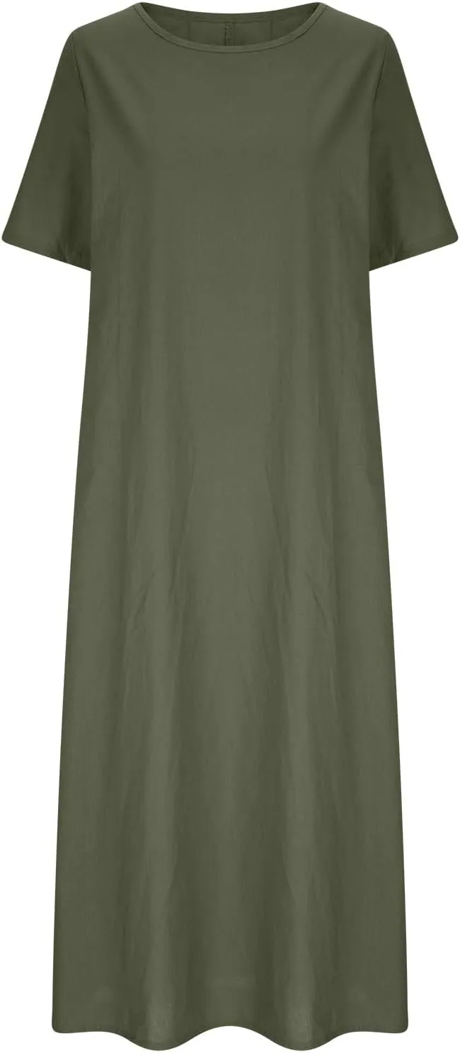 Linen Sundress for Women 2025 Short Sleeve Casual Dress Summer Trendy Loose Crew Neck Beach Vacation Dresses
