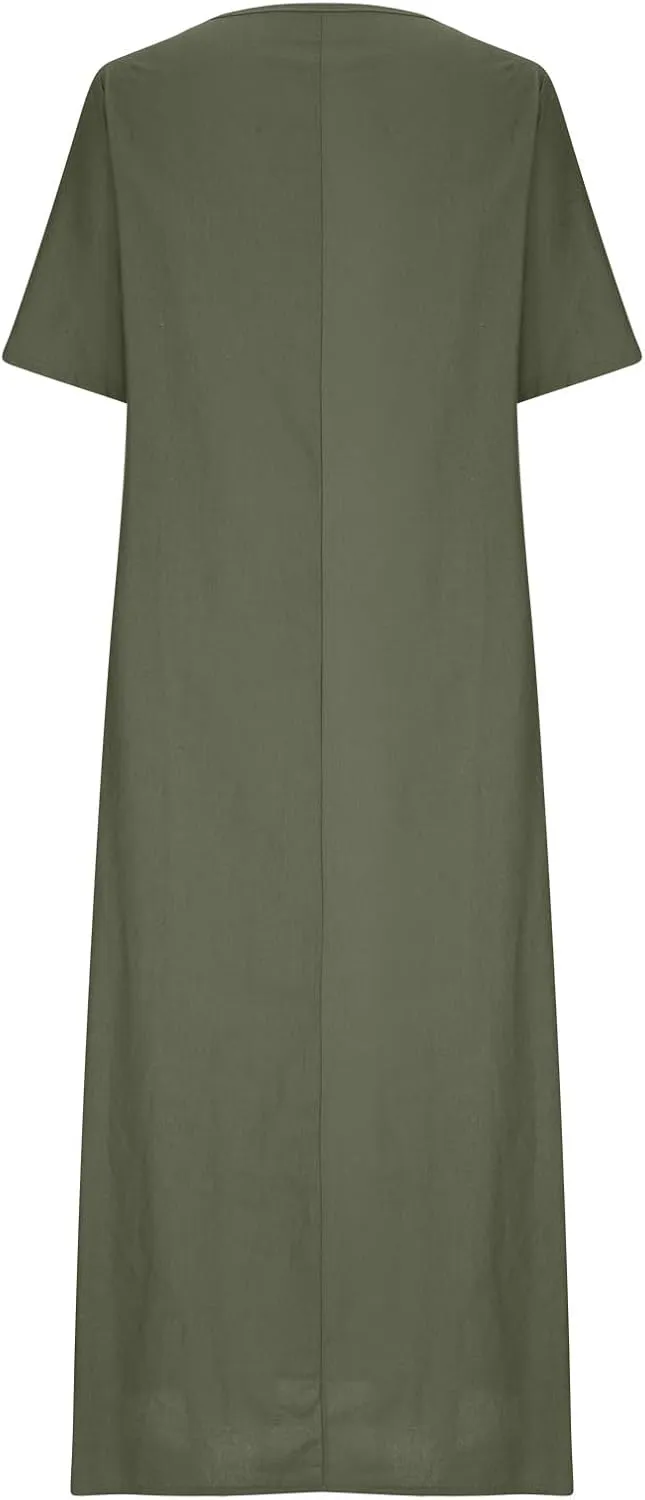 Linen Sundress for Women 2025 Short Sleeve Casual Dress Summer Trendy Loose Crew Neck Beach Vacation Dresses