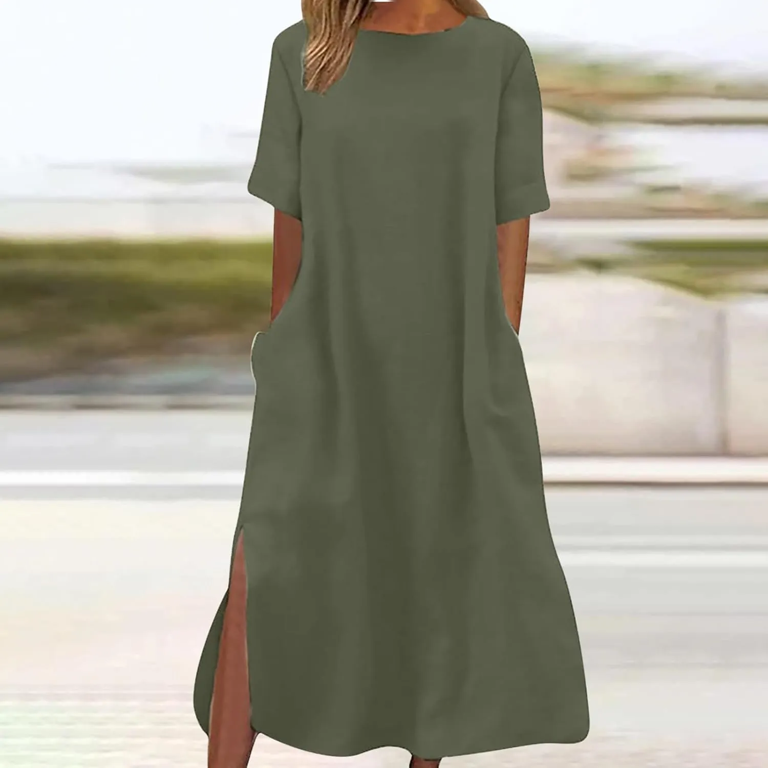 Linen Sundress for Women 2025 Short Sleeve Casual Dress Summer Trendy Loose Crew Neck Beach Vacation Dresses