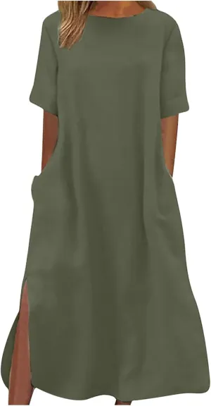 Linen Sundress for Women 2025 Short Sleeve Casual Dress Summer Trendy Loose Crew Neck Beach Vacation Dresses