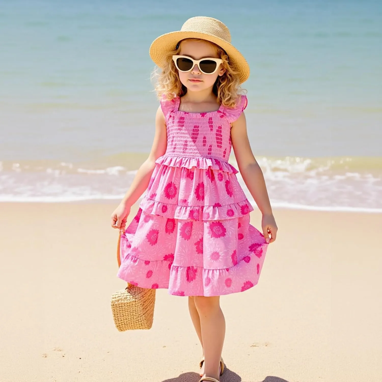 Little Bitty Toddler Girl Smocked Dress Floral Flutter Sleeve Ruffle Dresses Girls Summer Outfits Beach Sundress 2-7 Years