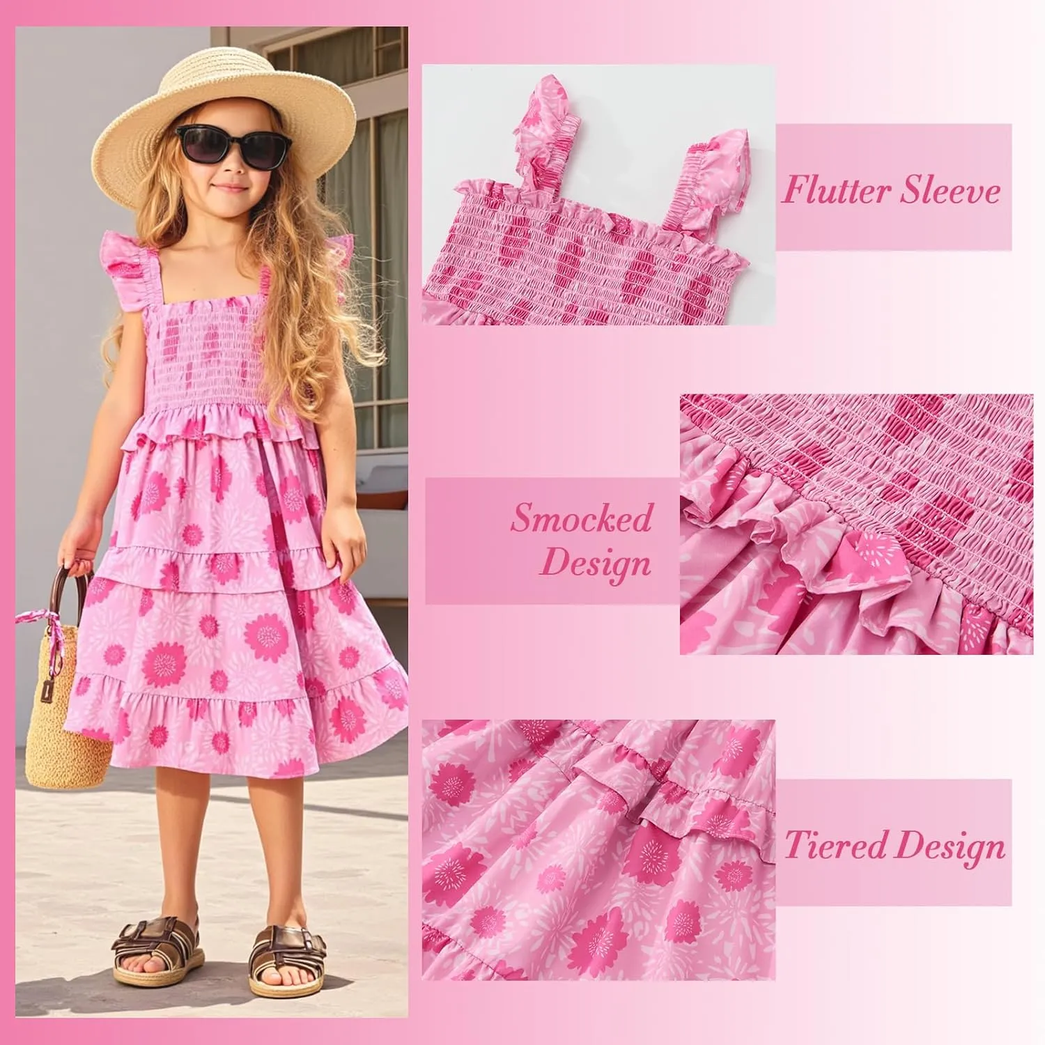Little Bitty Toddler Girl Smocked Dress Floral Flutter Sleeve Ruffle Dresses Girls Summer Outfits Beach Sundress 2-7 Years