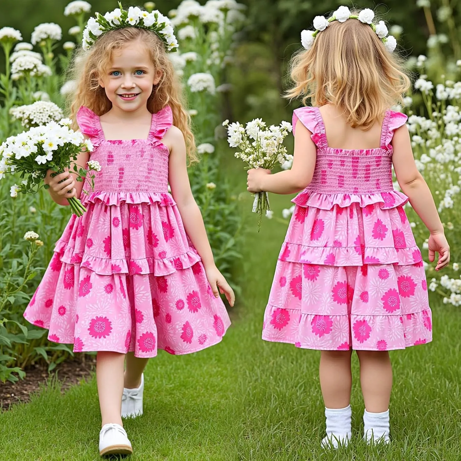 Little Bitty Toddler Girl Smocked Dress Floral Flutter Sleeve Ruffle Dresses Girls Summer Outfits Beach Sundress 2-7 Years