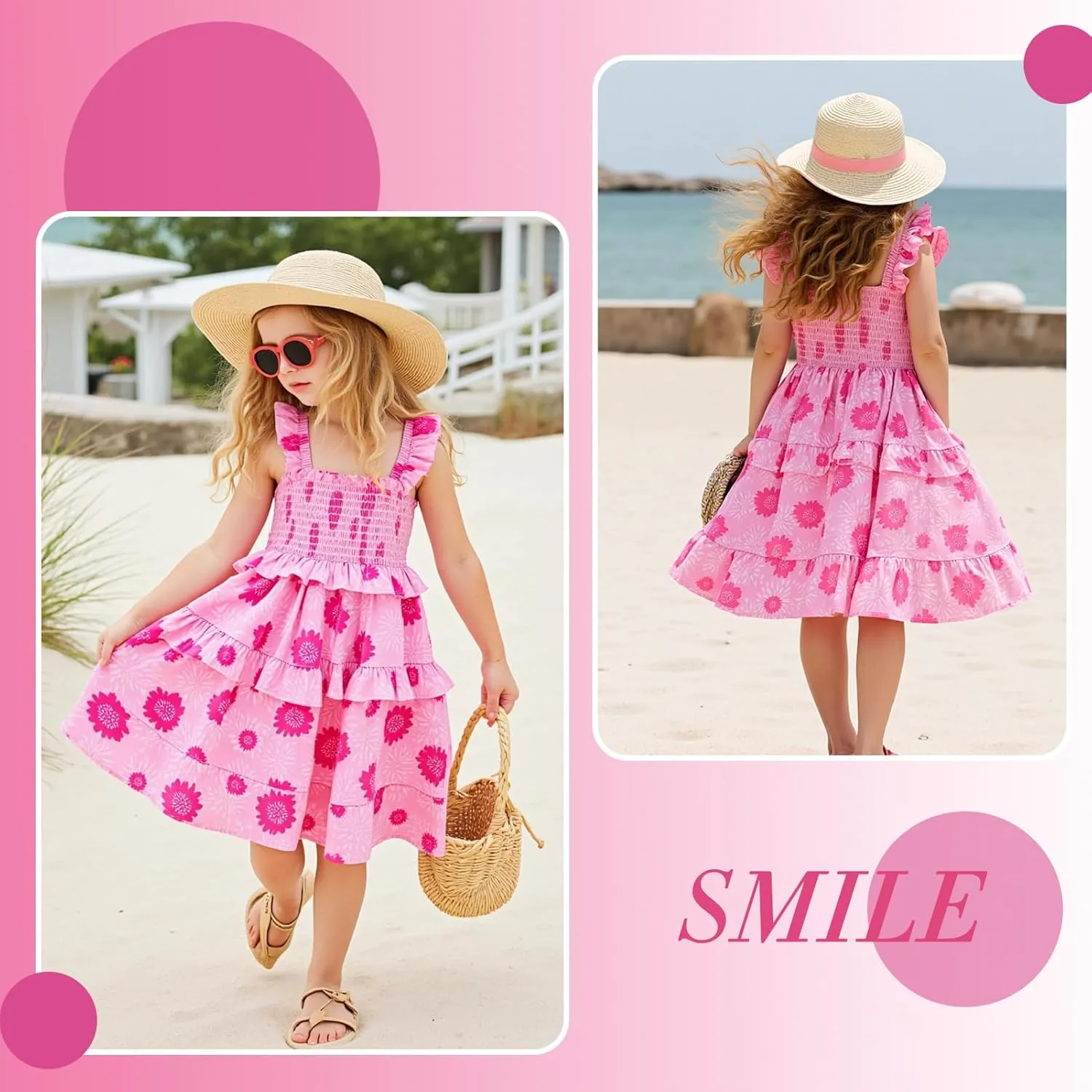 Little Bitty Toddler Girl Smocked Dress Floral Flutter Sleeve Ruffle Dresses Girls Summer Outfits Beach Sundress 2-7 Years