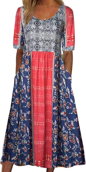 LOAIHA Floral Midi Dress for Women Short Sleeve Flowy Dresses with Pockets Linen Dress Plus Size Summer Loose Boho Sundress