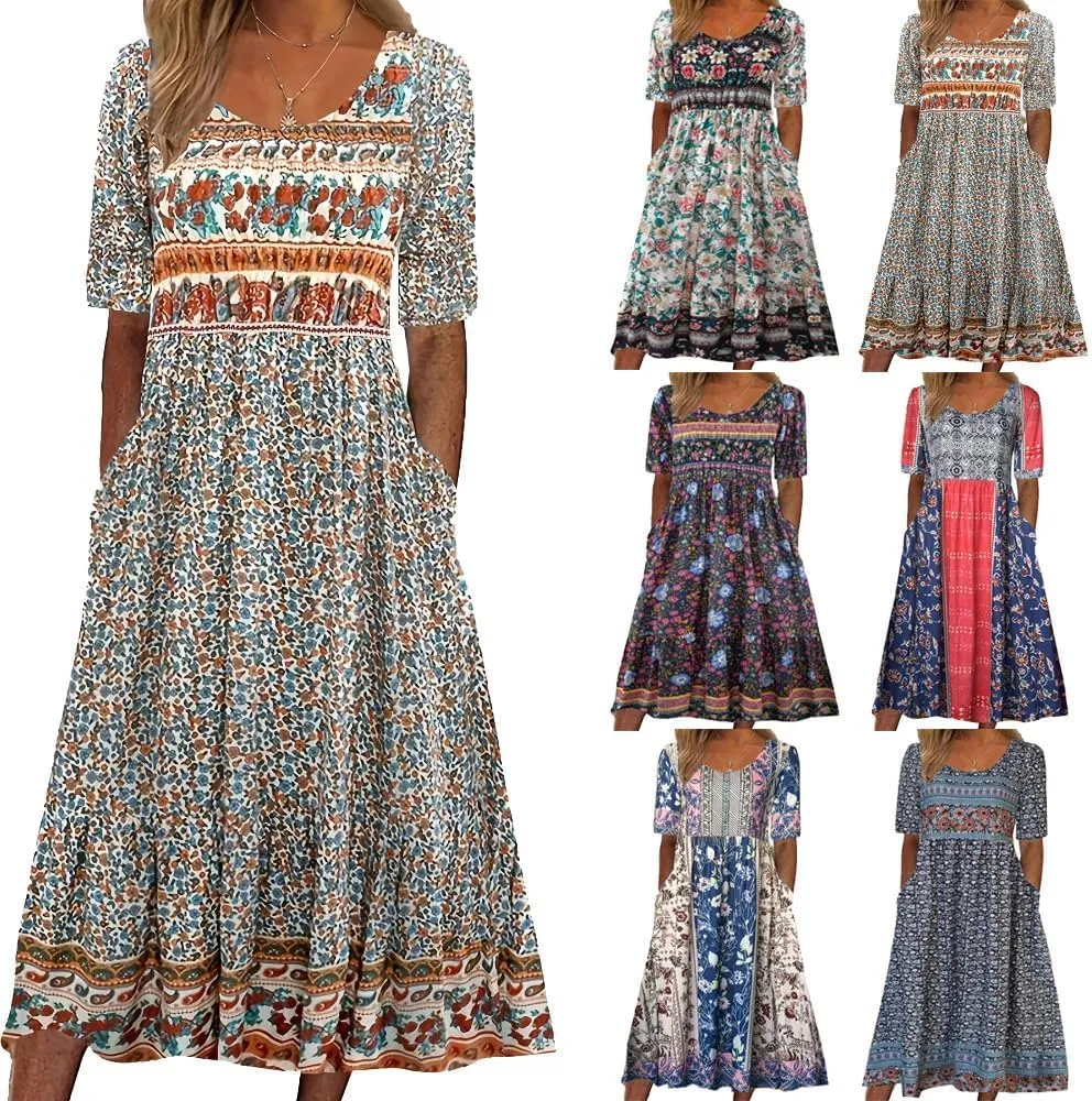 LOAIHA Floral Midi Dress for Women Short Sleeve Flowy Dresses with Pockets Linen Dress Plus Size Summer Loose Boho Sundress
