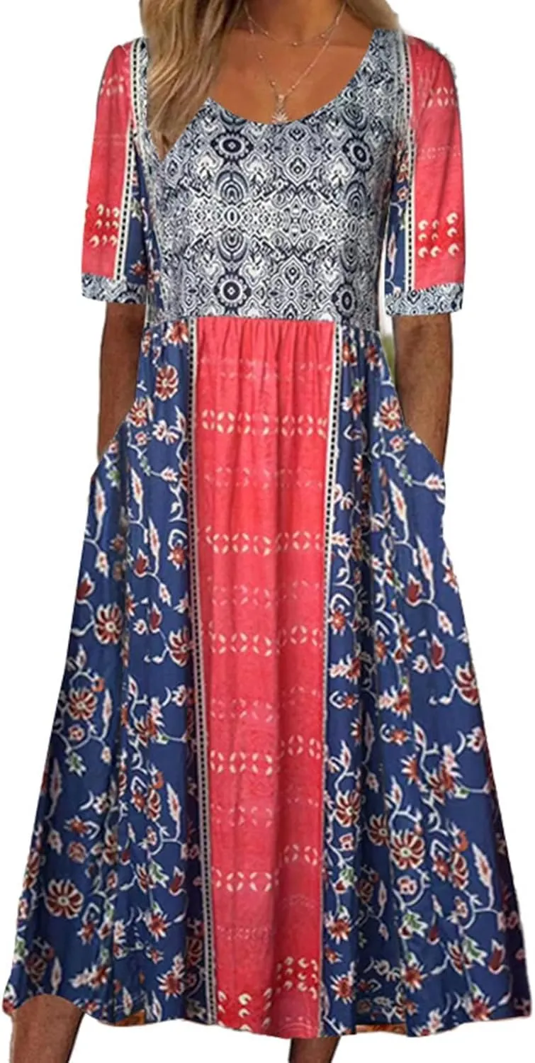 LOAIHA Floral Midi Dress for Women Short Sleeve Flowy Dresses with Pockets Linen Dress Plus Size Summer Loose Boho Sundress