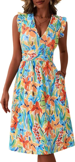 Loemes Womens Summer Floral V Neck Dresses with Pockets Beach Vacation Ruffle Sleeve Flowy Elastic Waist Midi Dress