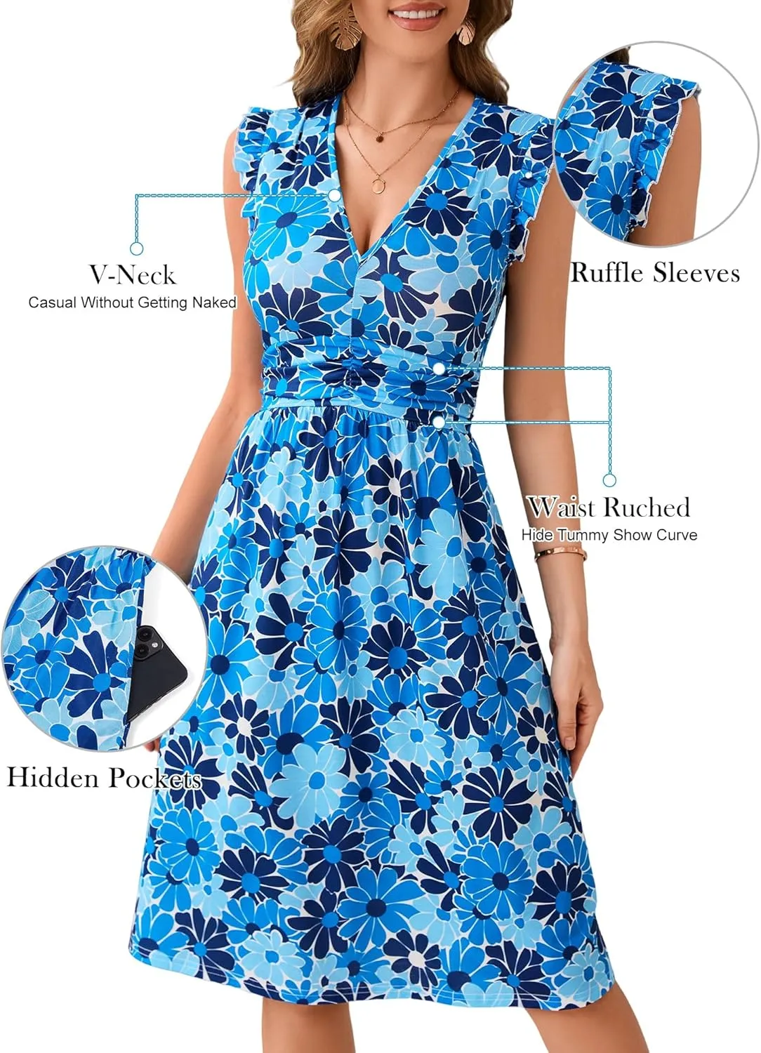 Loemes Womens Summer Floral V Neck Dresses with Pockets Beach Vacation Ruffle Sleeve Flowy Elastic Waist Midi Dress