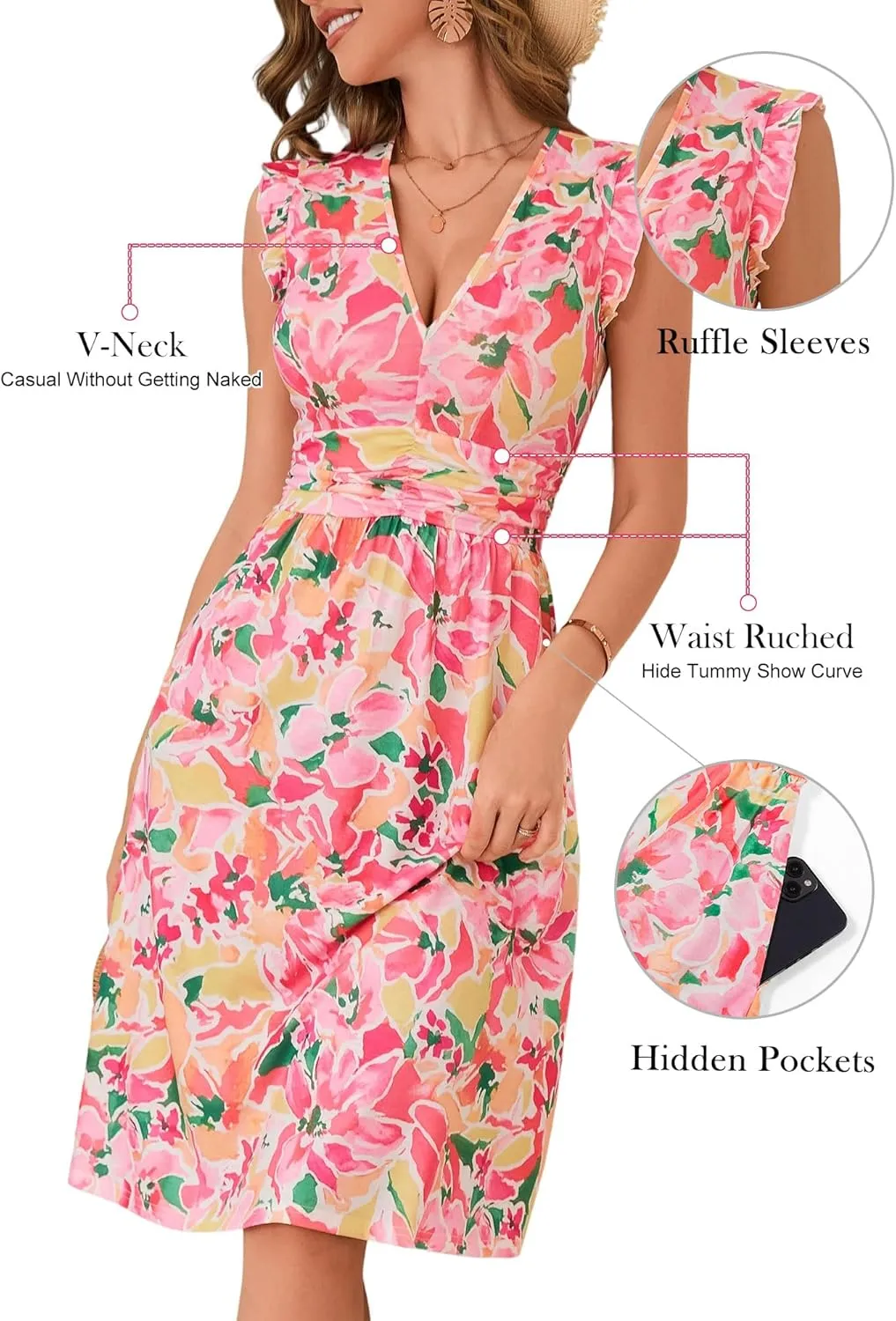 Loemes Womens Summer Floral V Neck Dresses with Pockets Beach Vacation Ruffle Sleeve Flowy Elastic Waist Midi Dress
