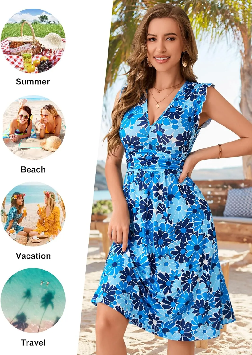 Loemes Womens Summer Floral V Neck Dresses with Pockets Beach Vacation Ruffle Sleeve Flowy Elastic Waist Midi Dress