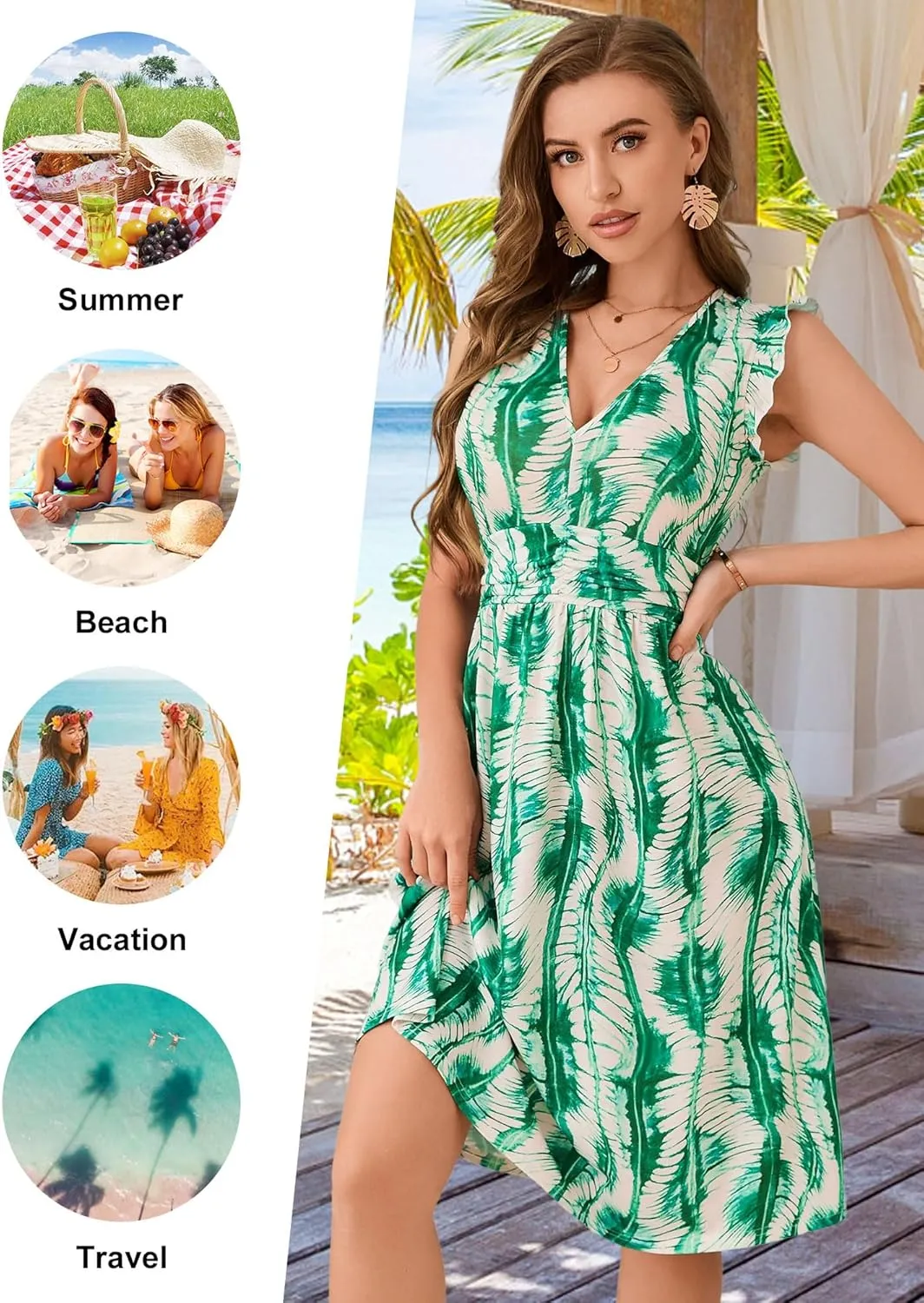 Loemes Womens Summer Floral V Neck Dresses with Pockets Beach Vacation Ruffle Sleeve Flowy Elastic Waist Midi Dress