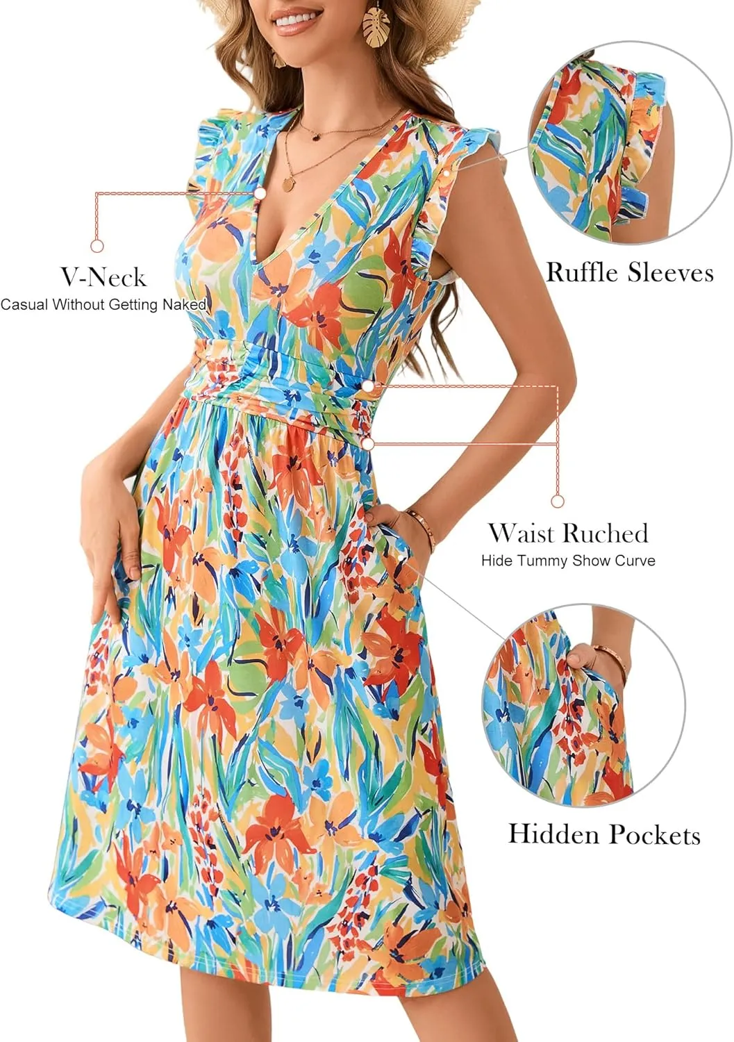 Loemes Womens Summer Floral V Neck Dresses with Pockets Beach Vacation Ruffle Sleeve Flowy Elastic Waist Midi Dress