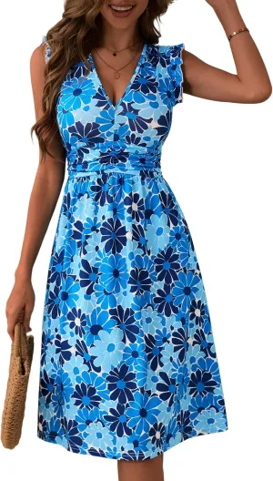 Loemes Womens Summer Floral V Neck Dresses with Pockets Beach Vacation Ruffle Sleeve Flowy Elastic Waist Midi Dress