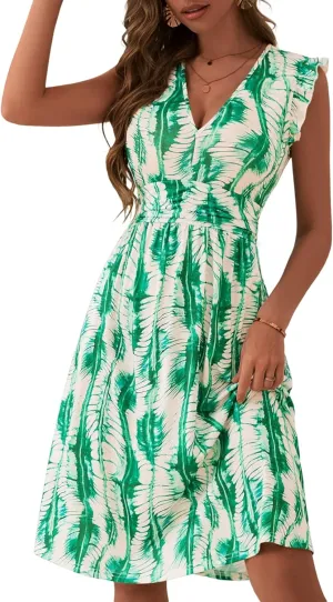 Loemes Womens Summer Floral V Neck Dresses with Pockets Beach Vacation Ruffle Sleeve Flowy Elastic Waist Midi Dress