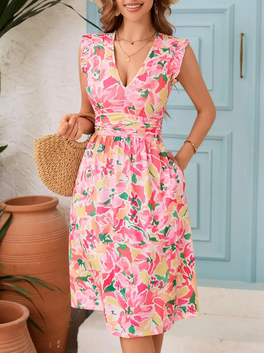 Loemes Womens Summer Floral V Neck Dresses with Pockets Beach Vacation Ruffle Sleeve Flowy Elastic Waist Midi Dress