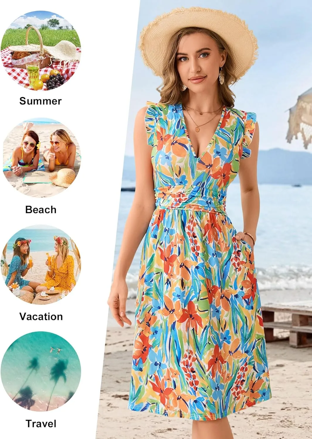 Loemes Womens Summer Floral V Neck Dresses with Pockets Beach Vacation Ruffle Sleeve Flowy Elastic Waist Midi Dress