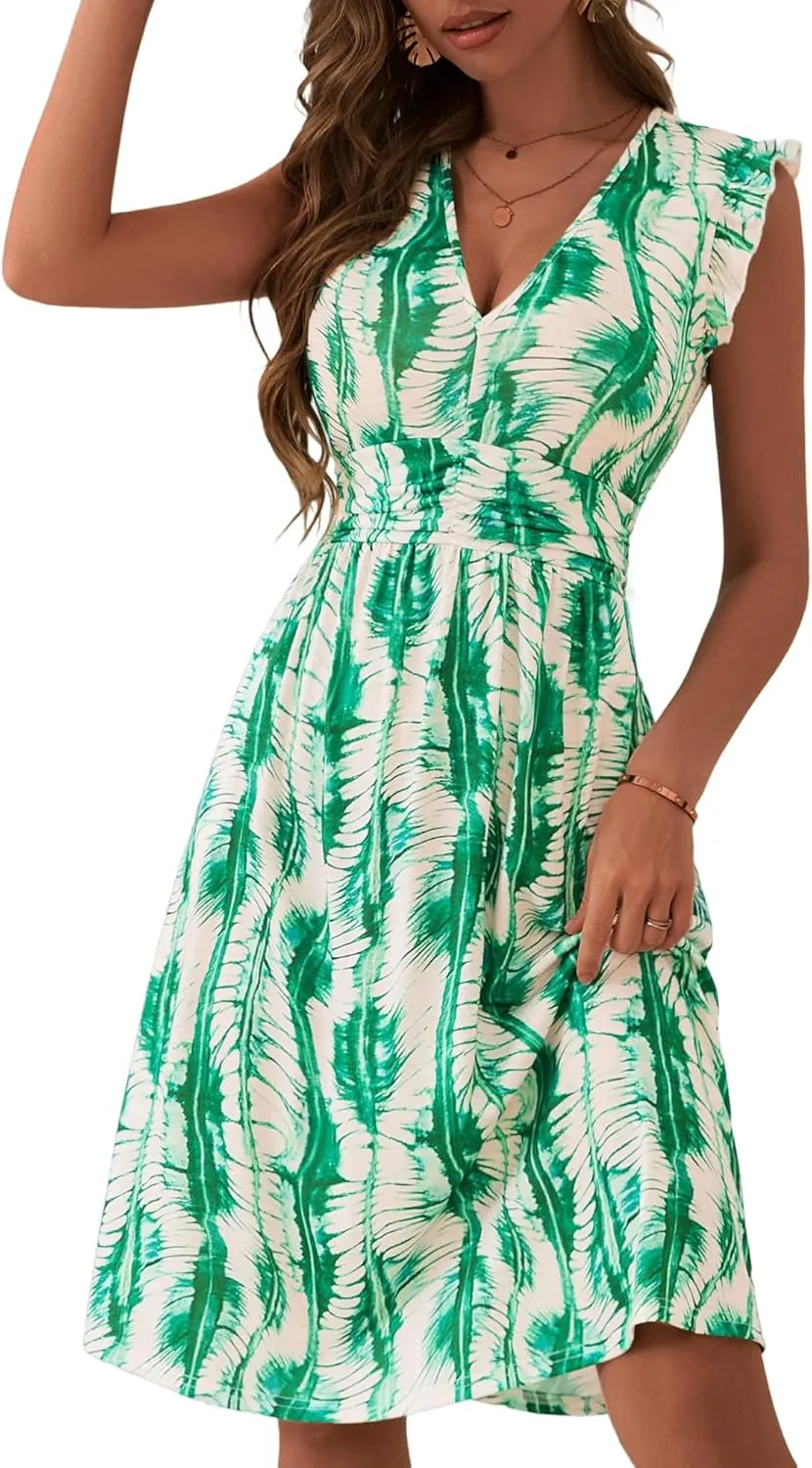 Loemes Womens Summer Floral V Neck Dresses with Pockets Beach Vacation Ruffle Sleeve Flowy Elastic Waist Midi Dress