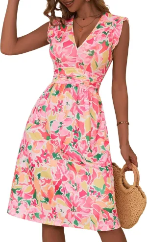 Loemes Womens Summer Floral V Neck Dresses with Pockets Beach Vacation Ruffle Sleeve Flowy Elastic Waist Midi Dress