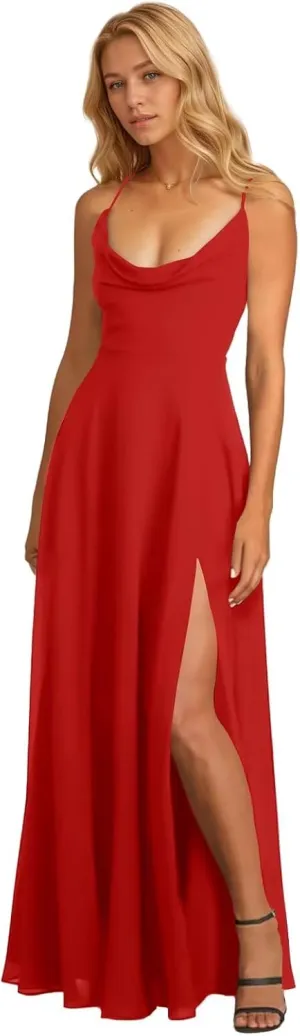 Long Chiffon Bridesmaid Dresses for Women A Line Prom Formal Party Gown with Slit