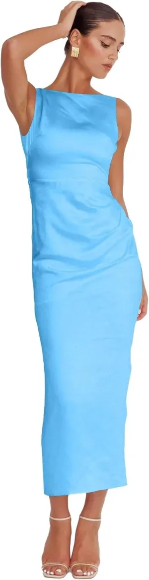 Long Satin Prom Dresses with Slit Bodycon Boat Neck Formal Evening Party Gows with Self Tied Bow.