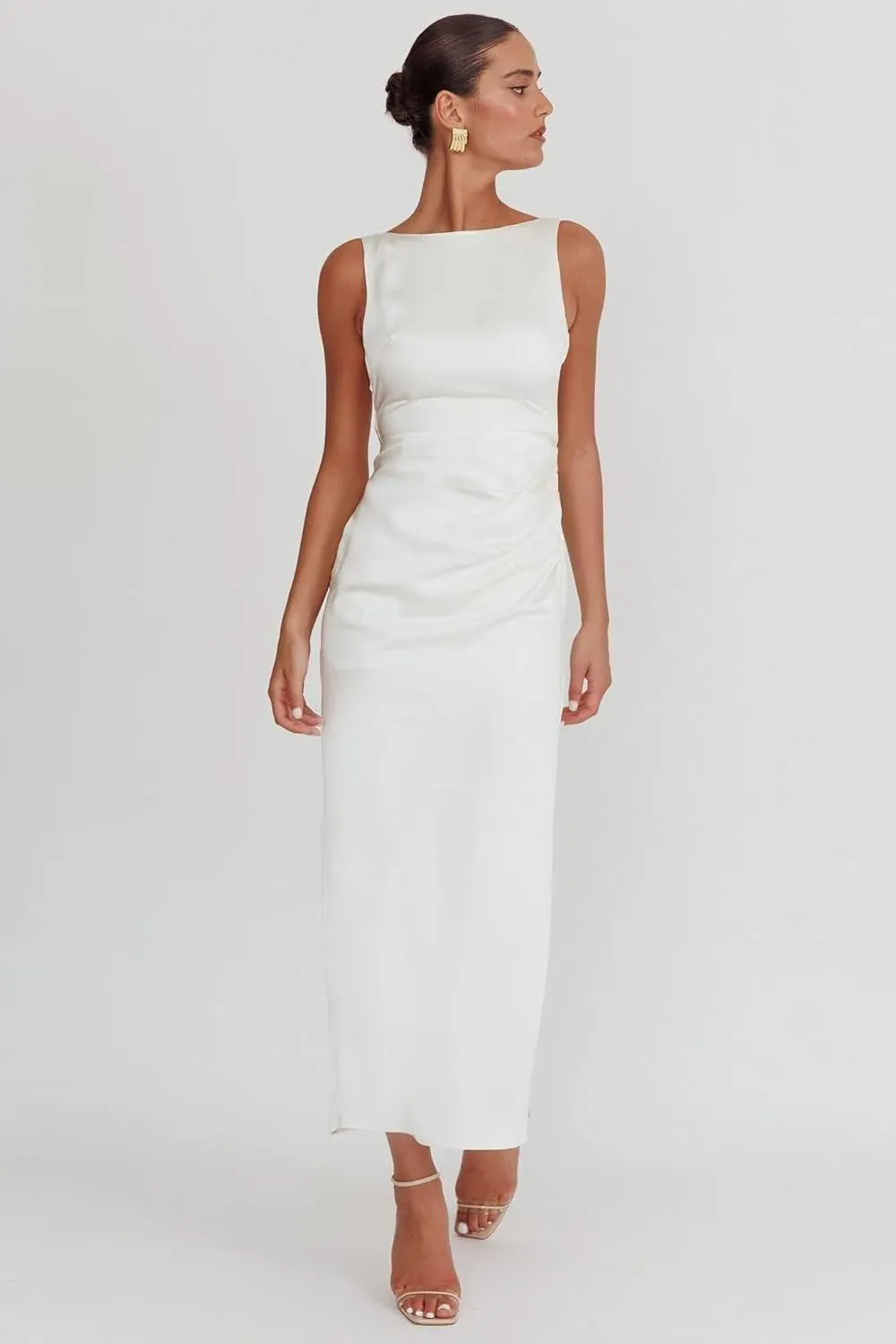 Long Satin Prom Dresses with Slit Bodycon Boat Neck Formal Evening Party Gows with Self Tied Bow.