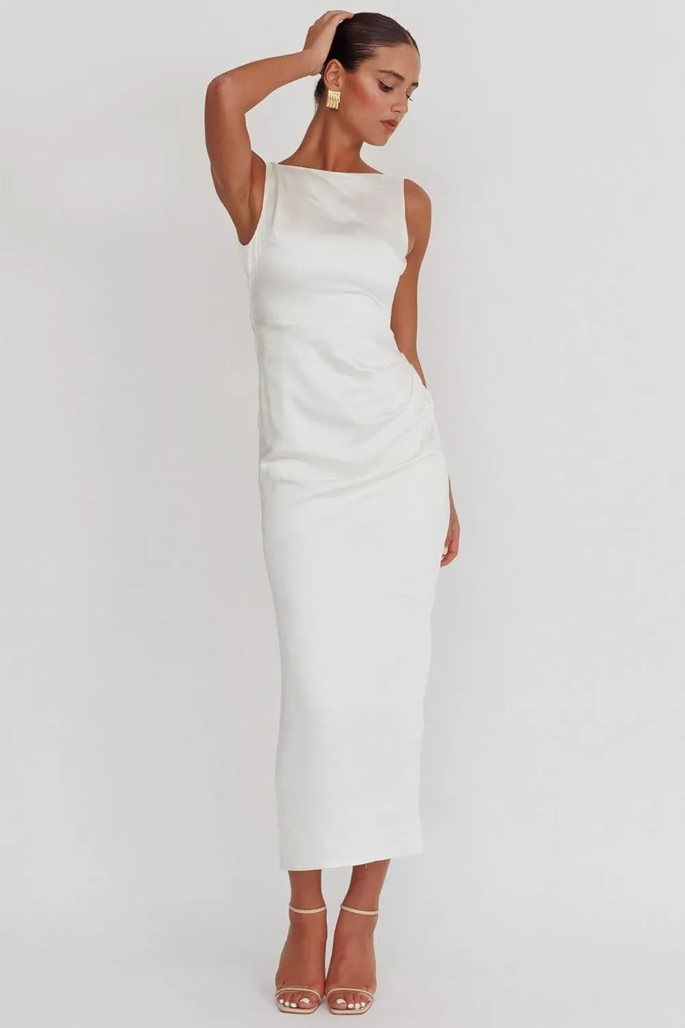 Long Satin Prom Dresses with Slit Bodycon Boat Neck Formal Evening Party Gows with Self Tied Bow.