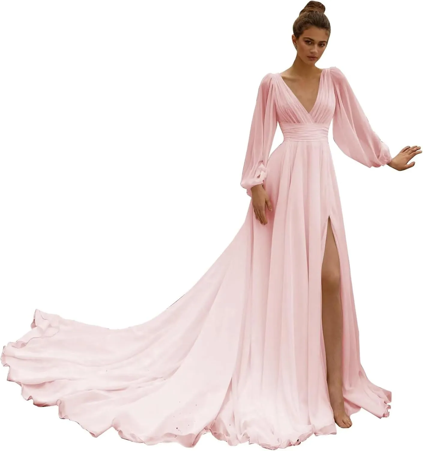 Long Sleeve Chiffon Prom Dress Empire Waist High Slit V Neck Beach Wedding Dresses with Train A Line
