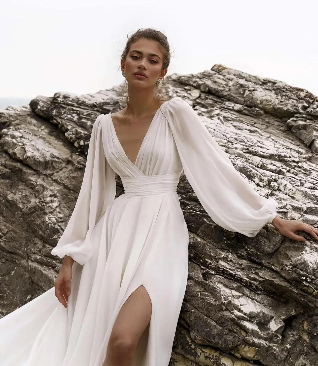 Long Sleeve Chiffon Prom Dress Empire Waist High Slit V Neck Beach Wedding Dresses with Train A Line