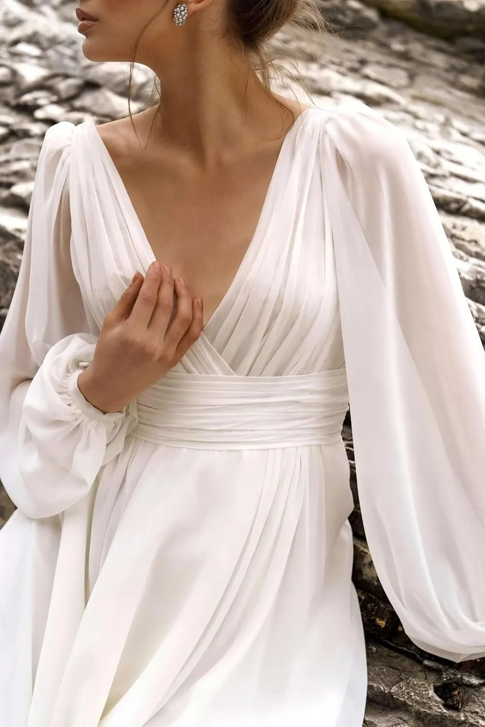 Long Sleeve Chiffon Prom Dress Empire Waist High Slit V Neck Beach Wedding Dresses with Train A Line
