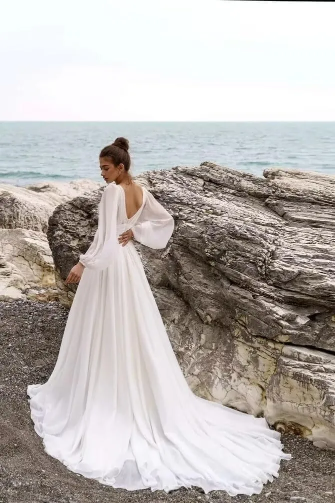 Long Sleeve Chiffon Prom Dress Empire Waist High Slit V Neck Beach Wedding Dresses with Train A Line