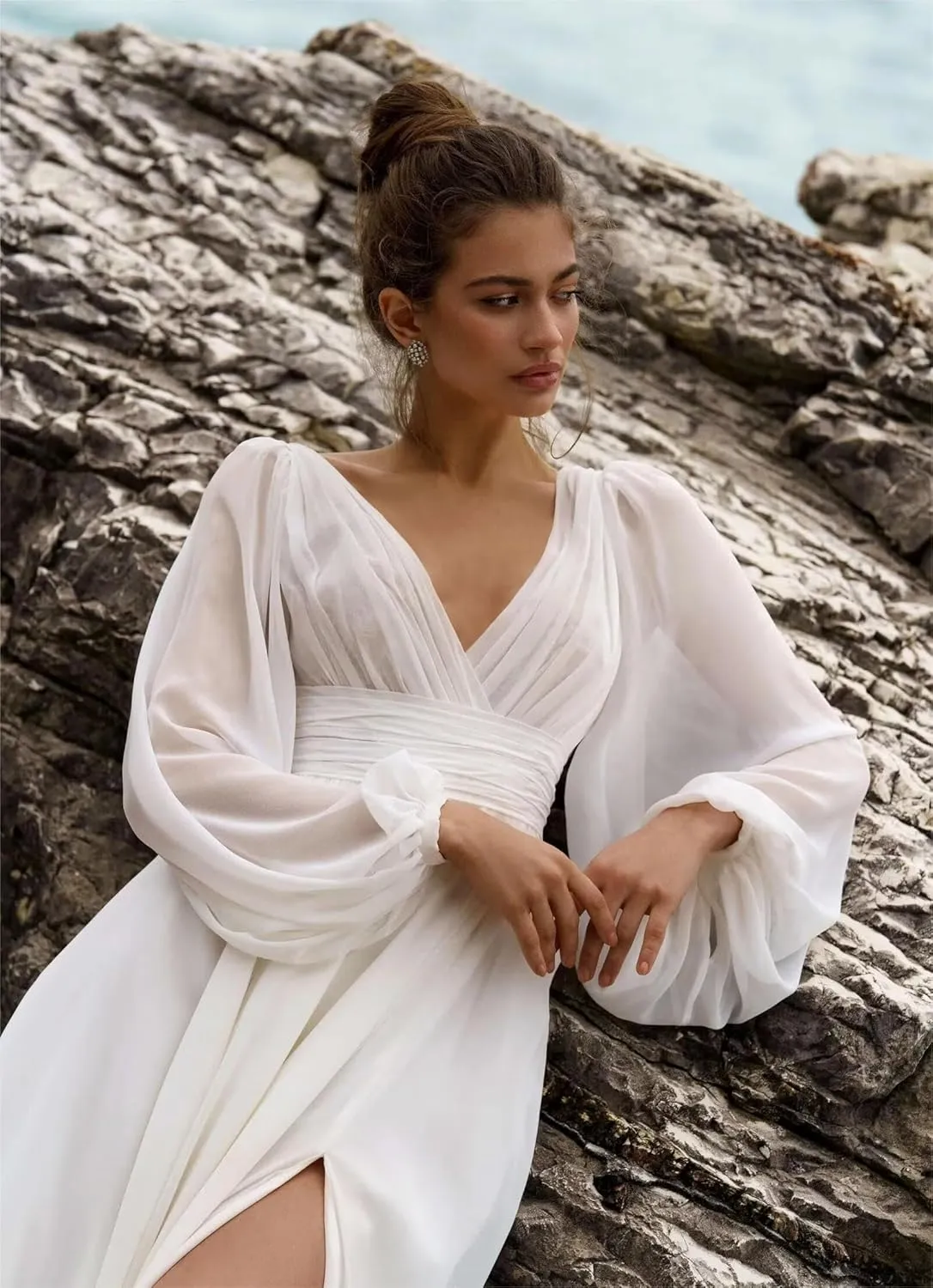 Long Sleeve Chiffon Prom Dress Empire Waist High Slit V Neck Beach Wedding Dresses with Train A Line