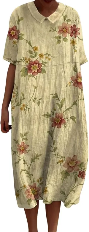 Loose Dress for Women, Retro Cute Printed Summer Sundress with Pockets Cotton Linen Plus Size Beach Casual Outfits