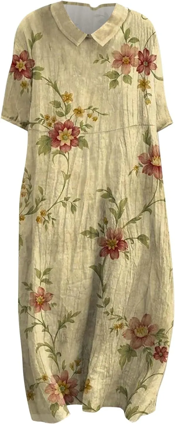 Loose Dress for Women, Retro Cute Printed Summer Sundress with Pockets Cotton Linen Plus Size Beach Casual Outfits