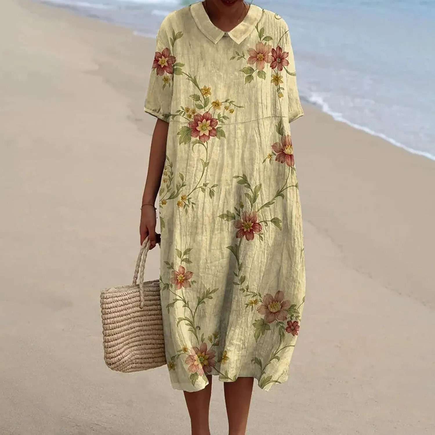 Loose Dress for Women, Retro Cute Printed Summer Sundress with Pockets Cotton Linen Plus Size Beach Casual Outfits