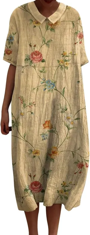 Loose Dress for Women, Retro Cute Printed Summer Sundress with Pockets Cotton Linen Plus Size Beach Casual Outfits