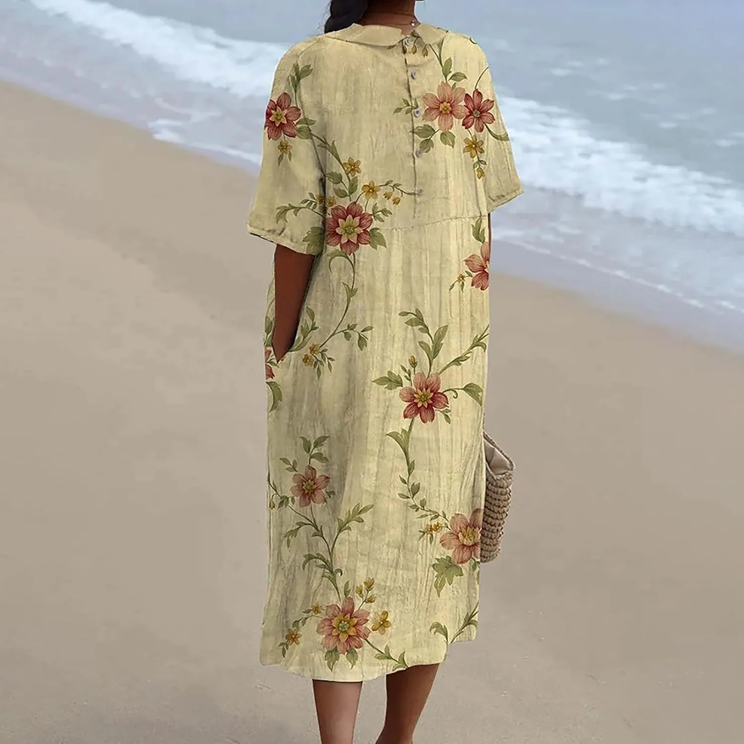 Loose Dress for Women, Retro Cute Printed Summer Sundress with Pockets Cotton Linen Plus Size Beach Casual Outfits