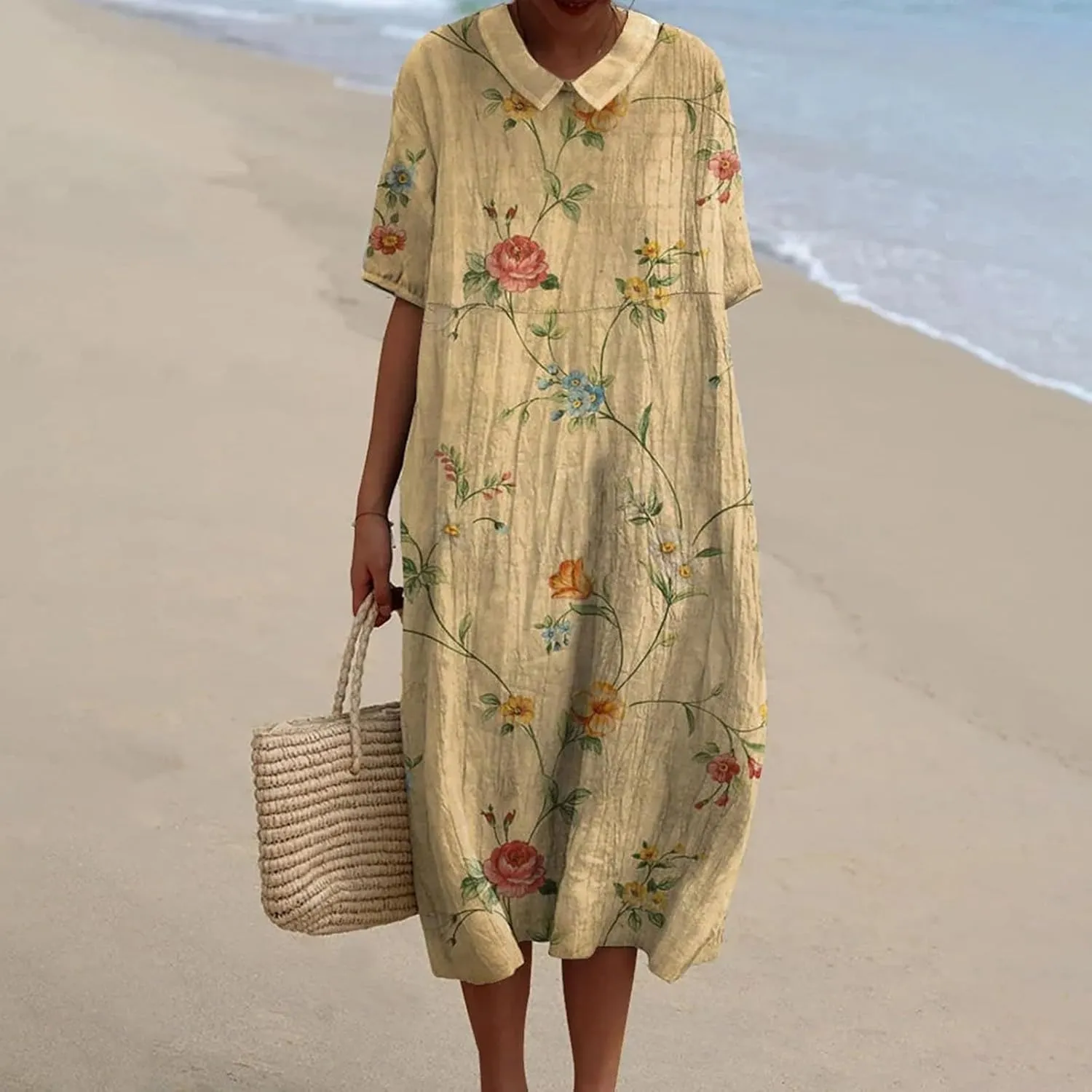 Loose Dress for Women, Retro Cute Printed Summer Sundress with Pockets Cotton Linen Plus Size Beach Casual Outfits