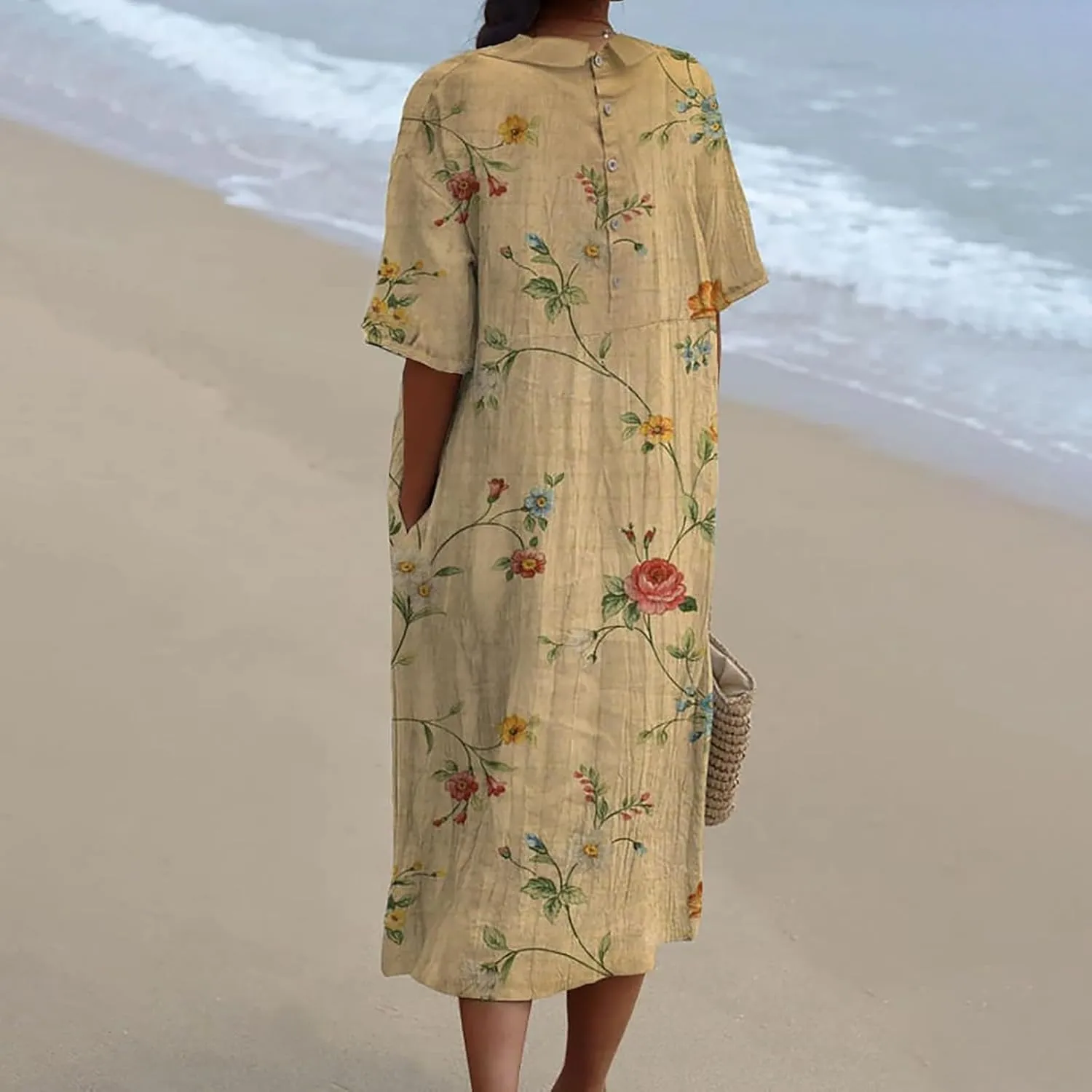 Loose Dress for Women, Retro Cute Printed Summer Sundress with Pockets Cotton Linen Plus Size Beach Casual Outfits