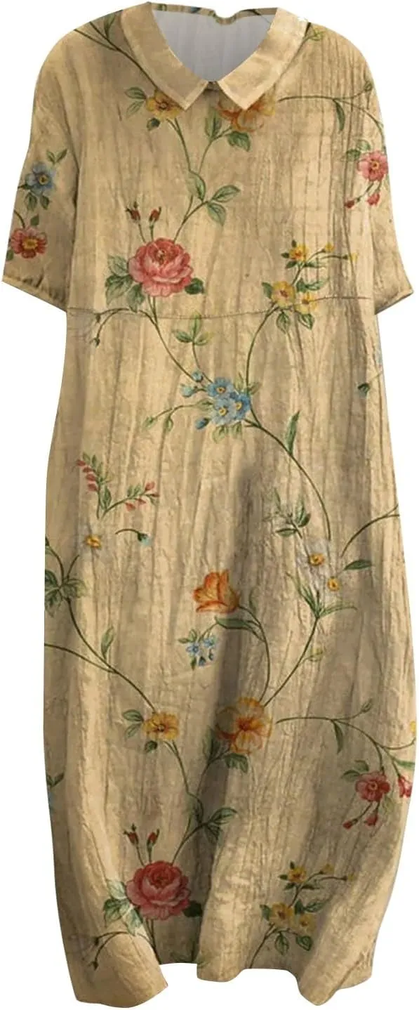 Loose Dress for Women, Retro Cute Printed Summer Sundress with Pockets Cotton Linen Plus Size Beach Casual Outfits