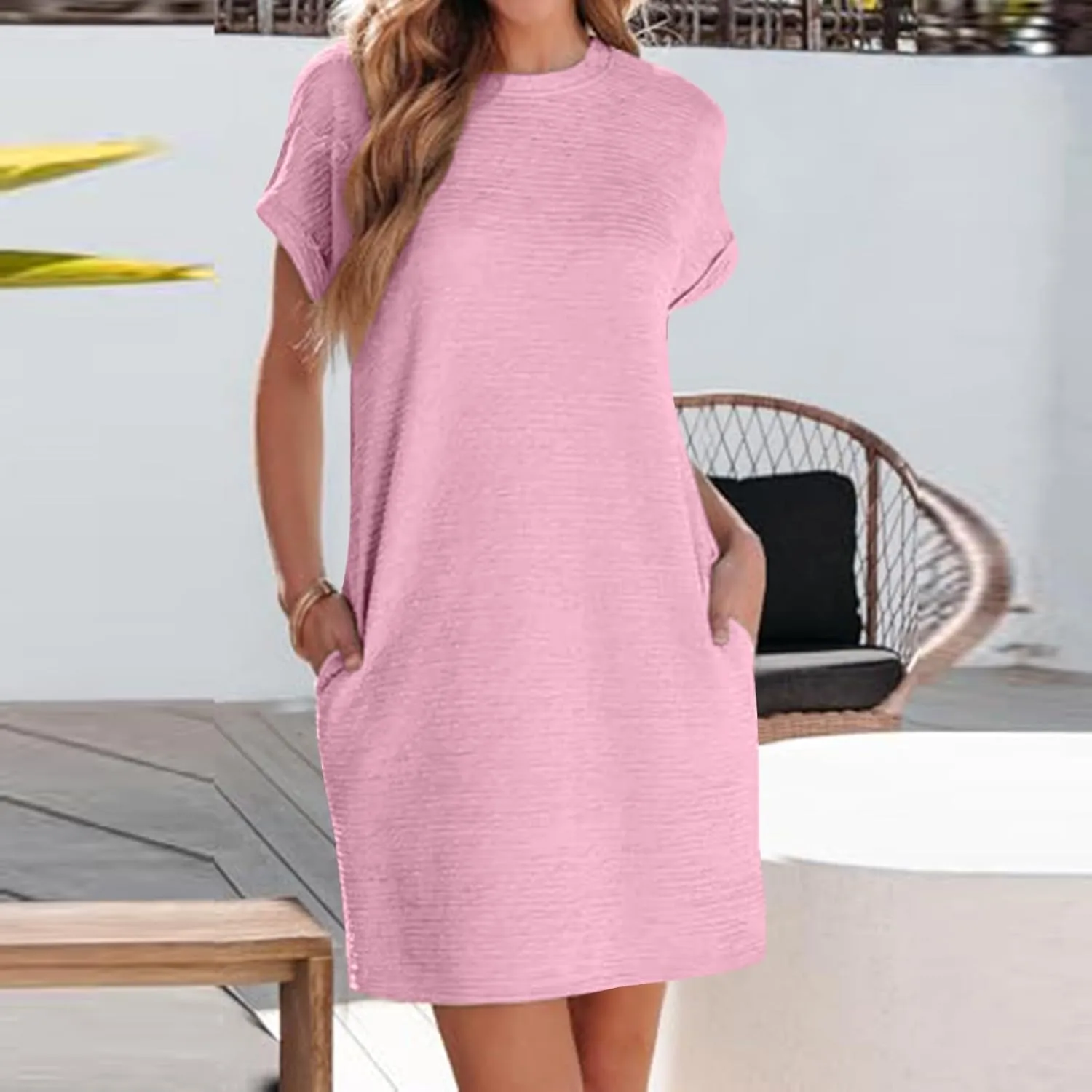 Loose Dress for Women Short Sleeve Crew Neck Smooth Elegant Chiffon Mini Crop Dresses Summer Beach Dress 2025