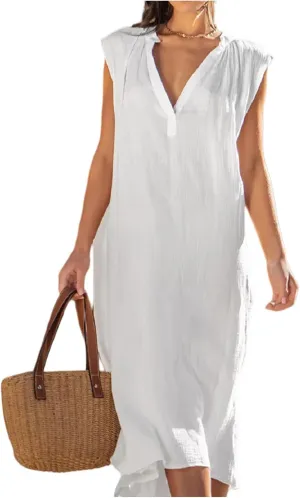 Loose Sleeveless Cotton Dress Linen V-Neck Summer Beach Maxi Dresses Solid Boho Flowy Vacation Travel Swing Dresses